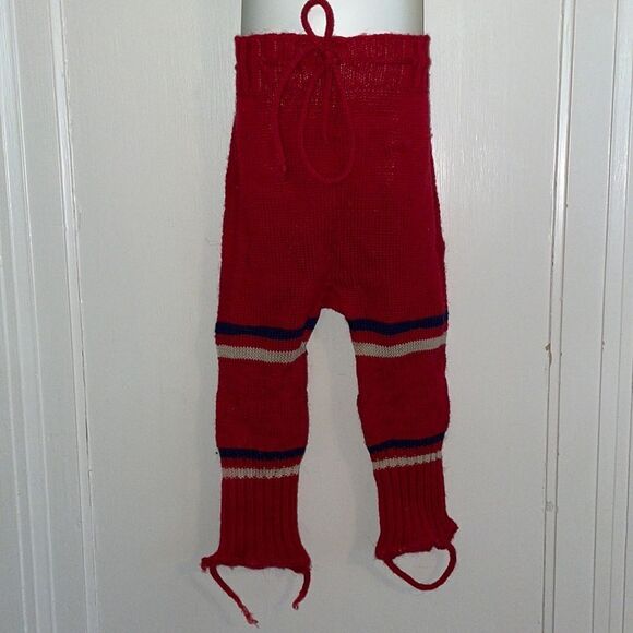 Vtg red, white & blue knit wool yarn unisex winter pants with stirrups - Picture 1 of 10